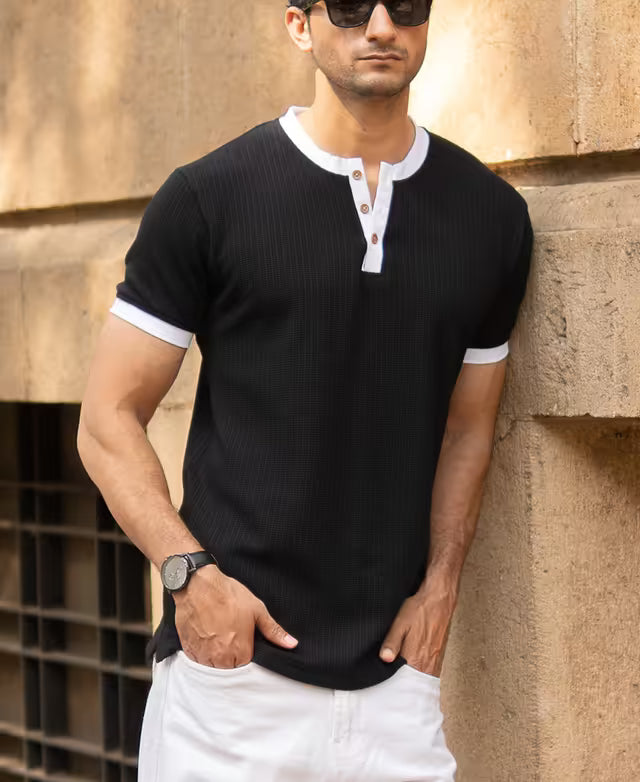Black Contrast Henley T-Shirt