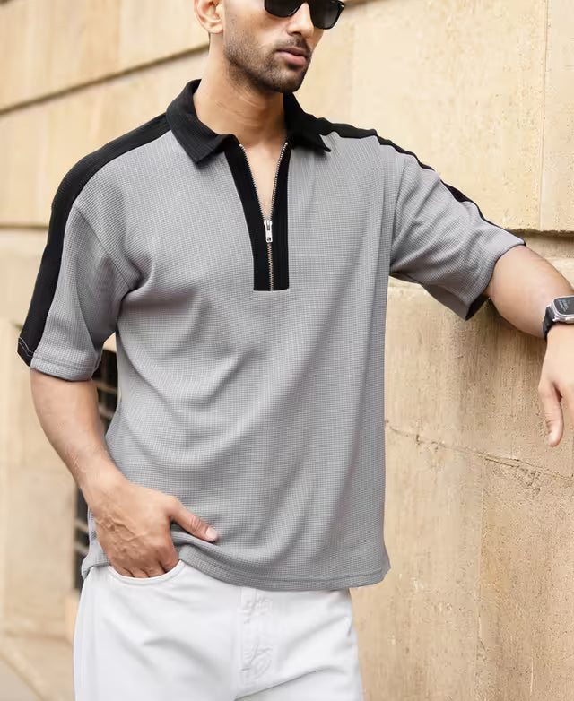 Grey Contrast Panel T-Shirt