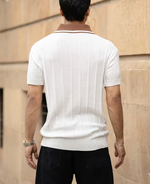 White Contrast Collar Knit T-Shirt