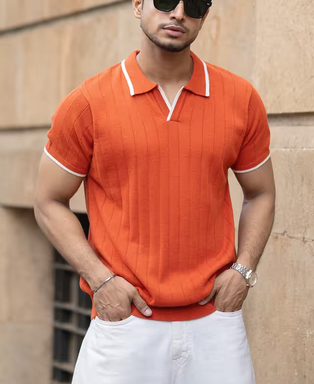 Orange Knit Half Sleeves Polo T-Shirt