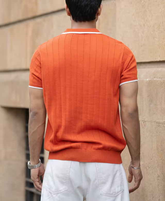 Orange Knit Half Sleeves Polo T-Shirt