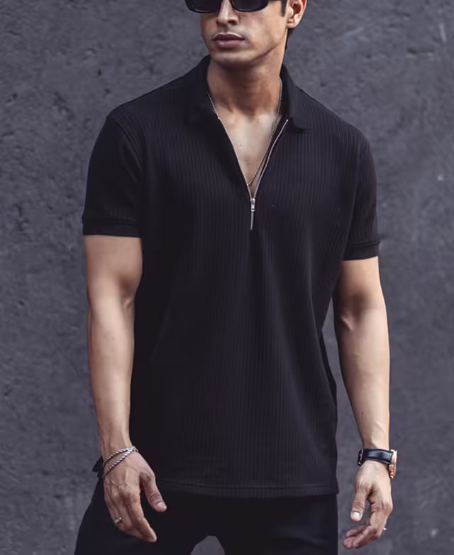 Black Structured Half Sleeves Zipper T Shirt