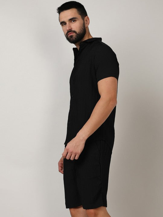 Black Striped Shirt Collar Shirt With Shorts Co-Ords