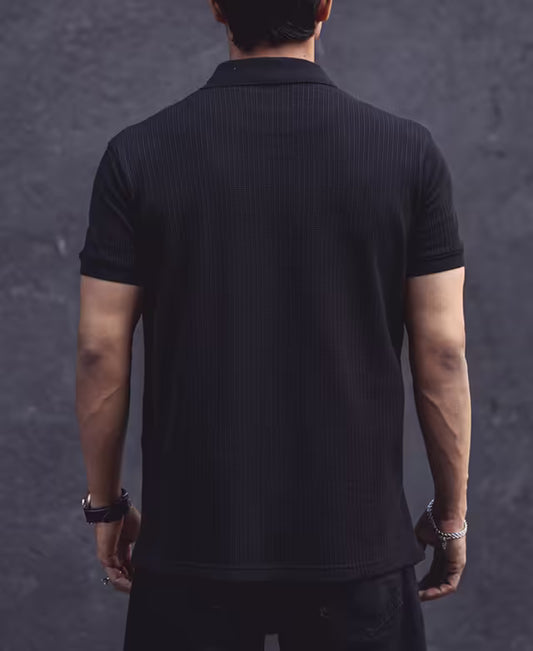 Black Structured Half Sleeves Zipper T Shirt