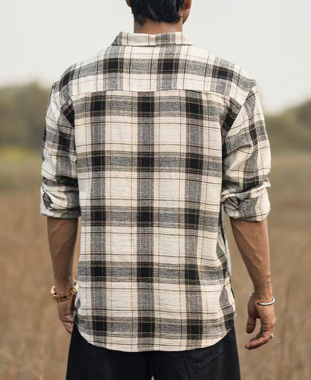 Cream Checked Structured Oversize Drop Shoulder Shirt
