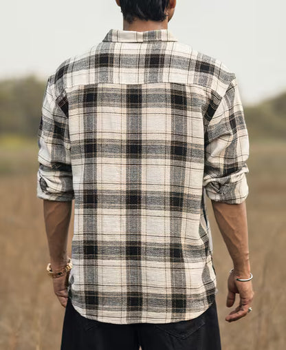 Cream Checked Structured Oversize Drop Shoulder Shirt