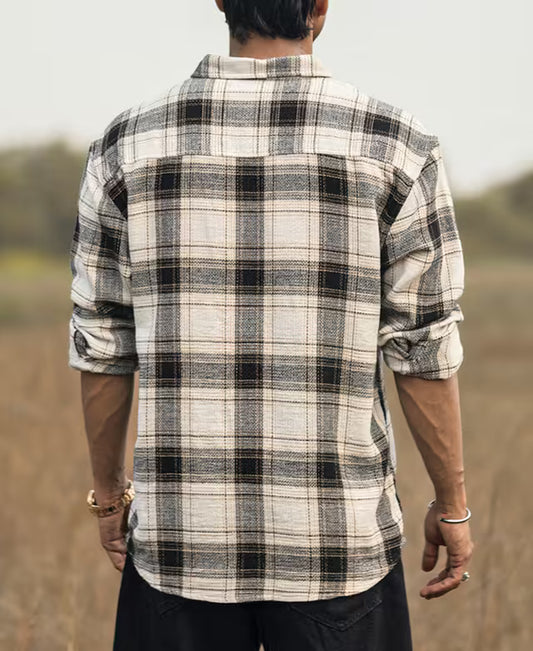 Cream Checked Structured Oversize Drop Shoulder Shirt
