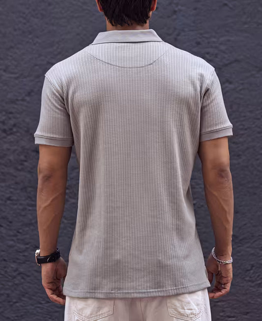 Grey Structured Regular Fit Half Sleeves Zipper T Shirt