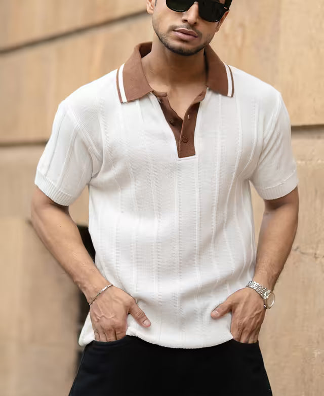 White Contrast Collar Knit T-Shirt