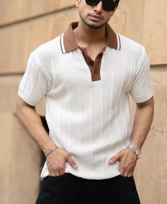 White Contrast Collar Knit T-Shirt