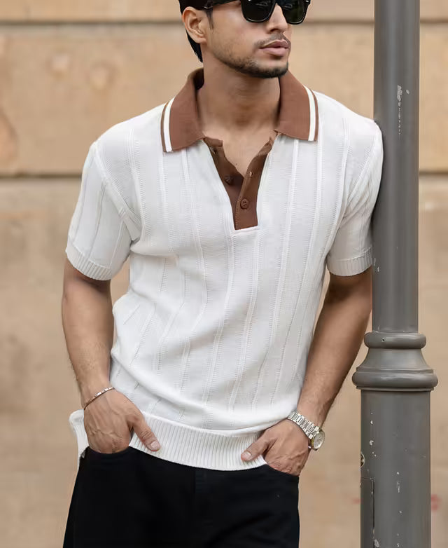 White Contrast Collar Knit T-Shirt