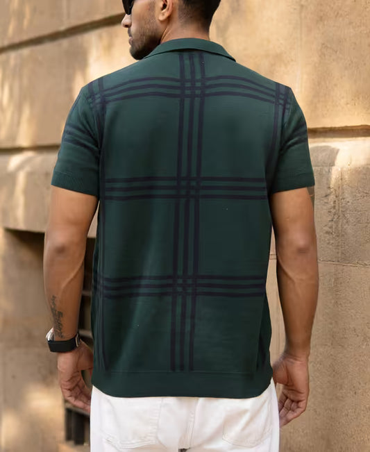 Forest Green Knitted Checks T-Shirt