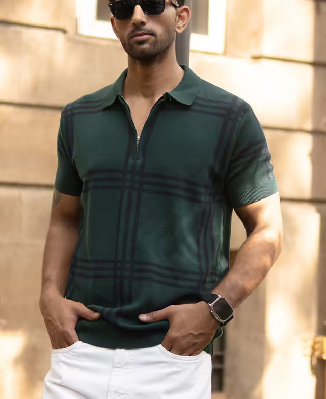 Forest Green Knitted Checks T-Shirt