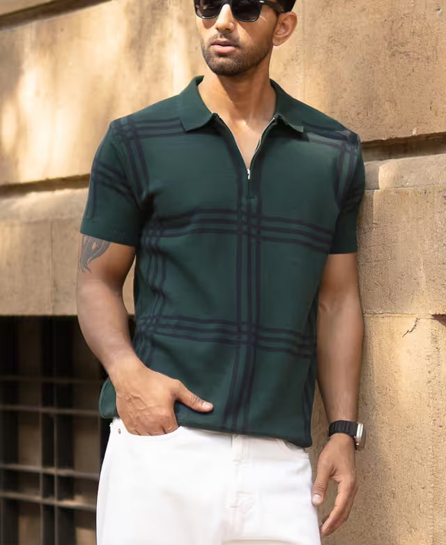Forest Green Knitted Checks T-Shirt