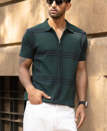 Forest Green Knitted Checks T-Shirt