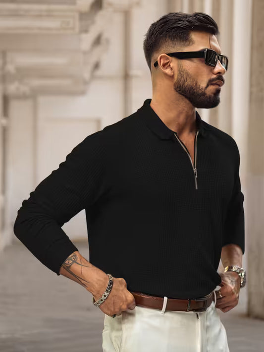 Black Regular Fit Full Sleeves Collar Neck T-Shirt