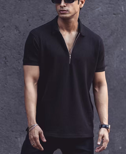 Black Structured Half Sleeves Zipper T Shirt