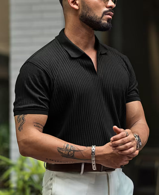 Black Structured Half Sleeves Zipper T Shirt