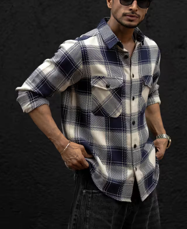 Navy Blue Regular Fit Checked Full Sleeves Shirt