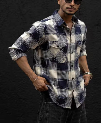 Navy Blue Regular Fit Checked Full Sleeves Shirt