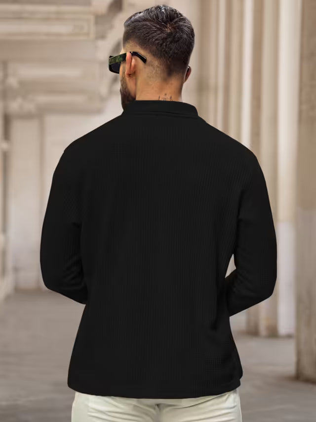 Black Regular Fit Full Sleeves Collar Neck T-Shirt