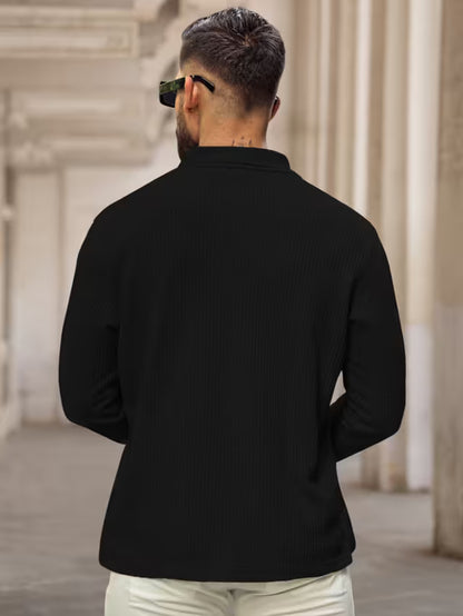Black Regular Fit Full Sleeves Collar Neck T-Shirt