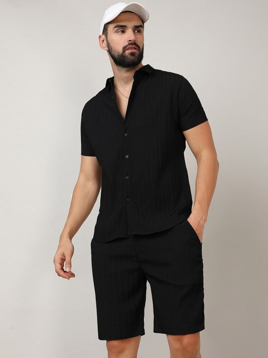 Black Striped Shirt Collar Shirt With Shorts Co-Ords