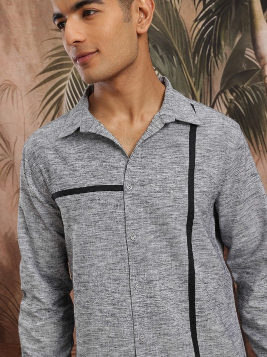 Men Melange Paneled Cotton Shirt With Trousers Co-Ord Set