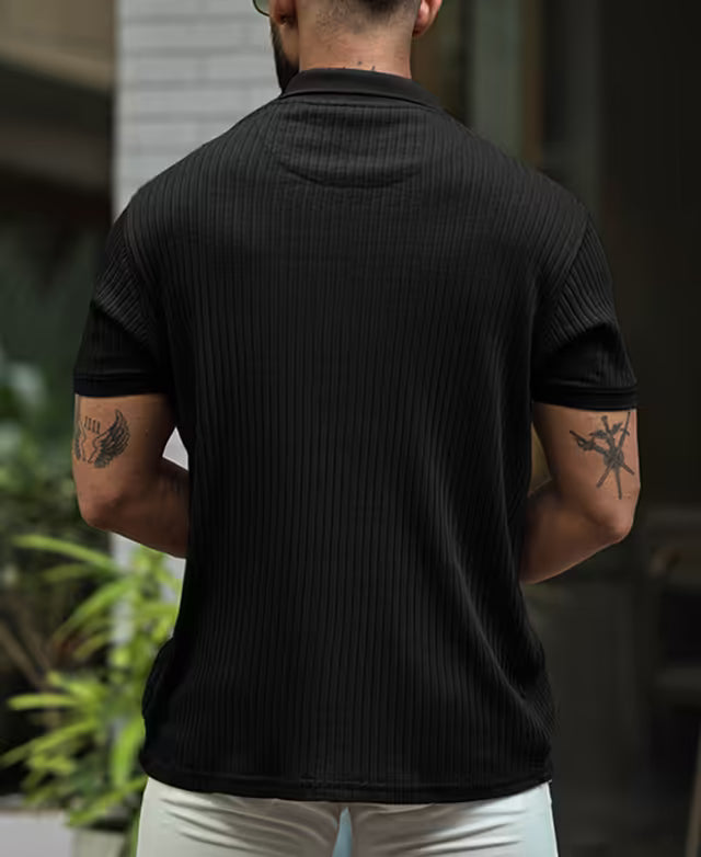 Black Structured Half Sleeves Zipper T Shirt