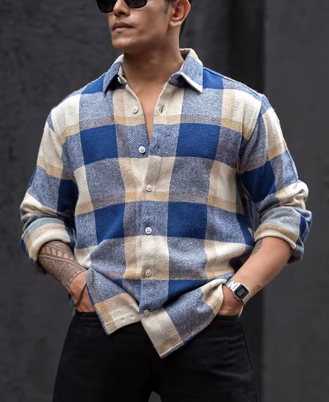 Blue And Off White Checked Regular Fit Full Sleeves Shirt
