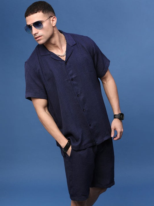 Self Design Cuban Collar Shirt With Shorts Co-Ords