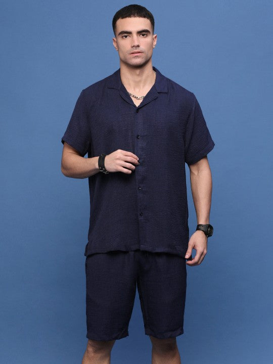 Self Design Cuban Collar Shirt With Shorts Co-Ords