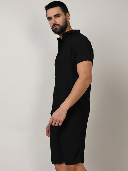 Black Striped Shirt Collar Shirt With Shorts Co-Ords