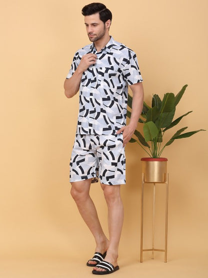 Purple & White Shirt Collar Printed Shirt With Shorts  Co-OrdsCo-Ords