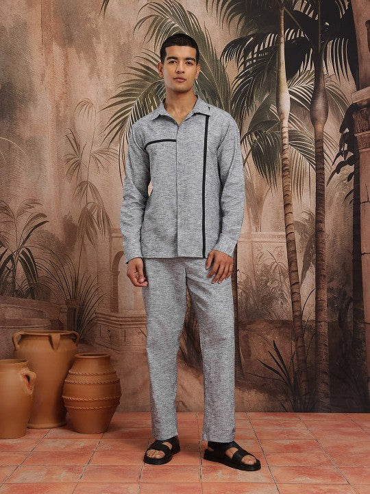Men Melange Paneled Cotton Shirt With Trousers Co-Ord Set