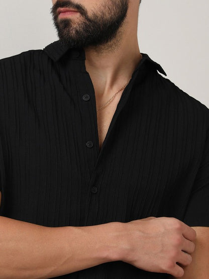 Black Striped Shirt Collar Shirt With Shorts Co-Ords