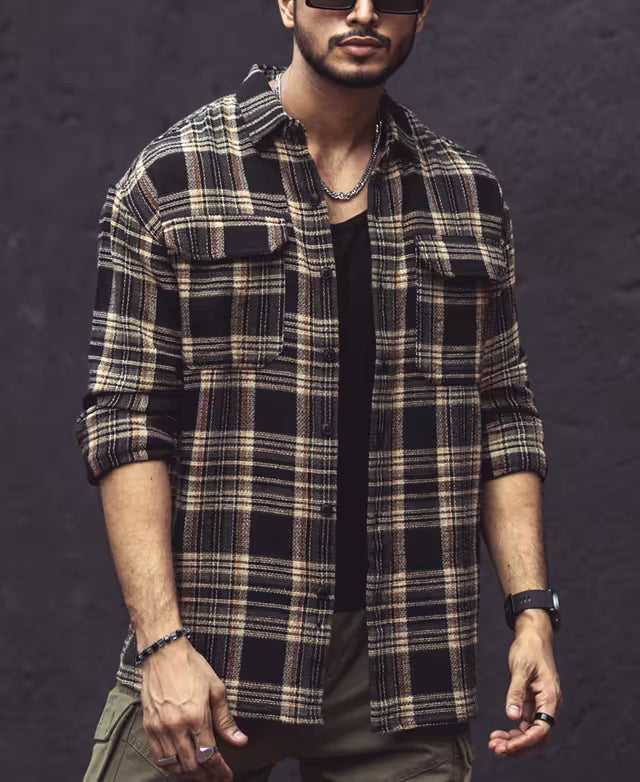Multicolor Checks Double Pockets Oversize Drop Shoulder Shirt