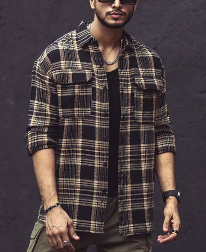 Multicolor Checks Double Pockets Oversize Drop Shoulder Shirt