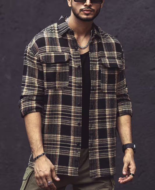 Multicolor Checks Double Pockets Oversize Drop Shoulder Shirt