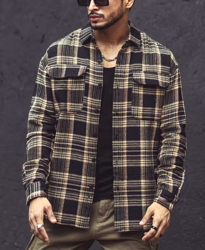 Multicolor Checks Double Pockets Oversize Drop Shoulder Shirt
