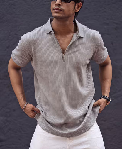 Grey Structured Regular Fit Half Sleeves Zipper T Shirt