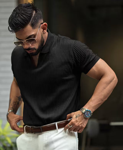 Black Structured Half Sleeves Zipper T Shirt