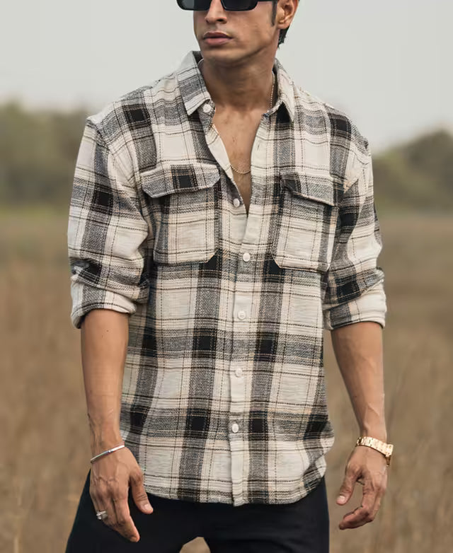 Cream Checked Structured Oversize Drop Shoulder Shirt