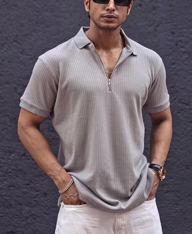 Grey Structured Regular Fit Half Sleeves Zipper T Shirt
