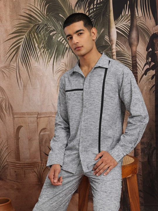 Men Melange Paneled Cotton Shirt With Trousers Co-Ord Set