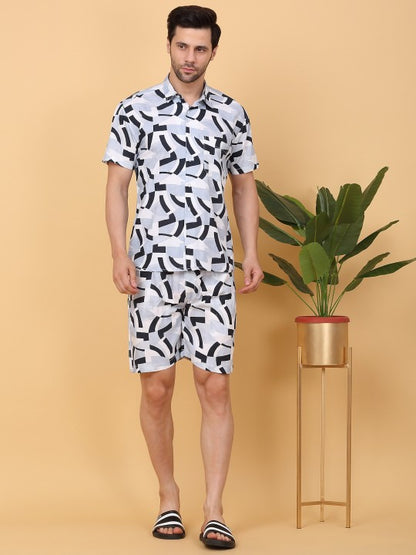 Purple & White Shirt Collar Printed Shirt With Shorts  Co-OrdsCo-Ords