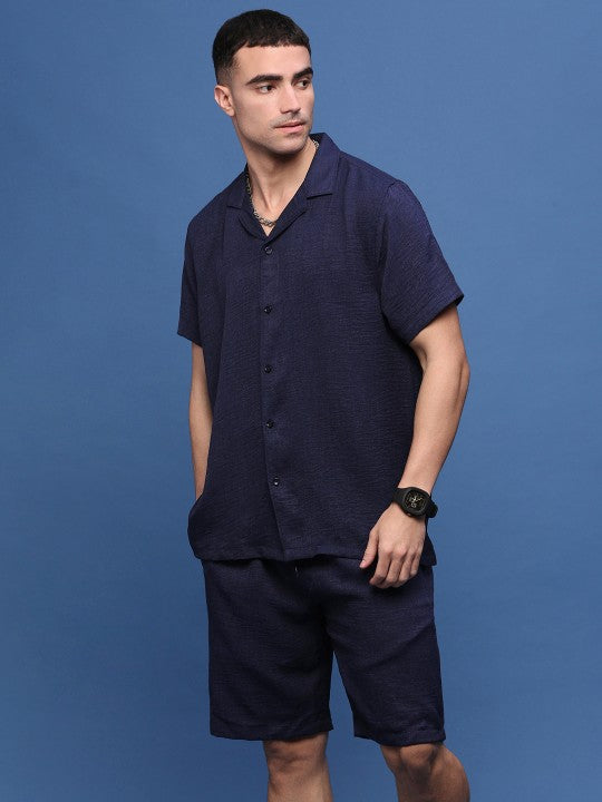 Self Design Cuban Collar Shirt With Shorts Co-Ords